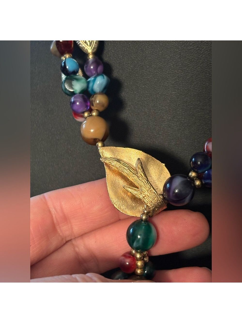 VINTAGE Genuine Lucite Statement Necklace • Gold Leaf Drop • Colorful Boho Luxe - Picture 7 of 16